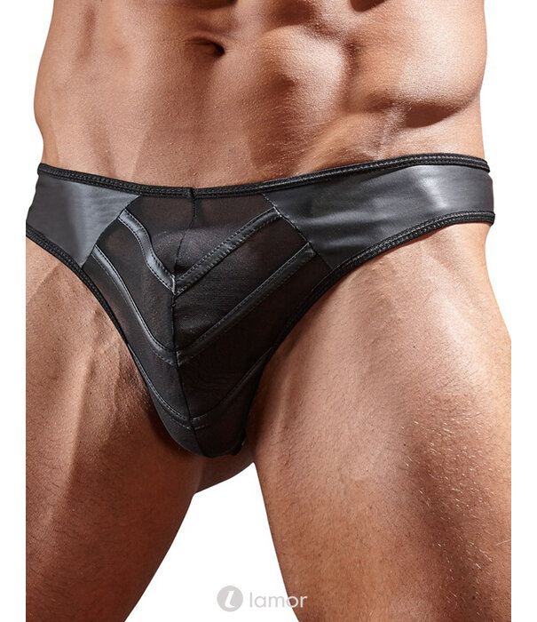 Sexy heren string van lederlook materiaal met netstof ,Svenjoyment Underwear
