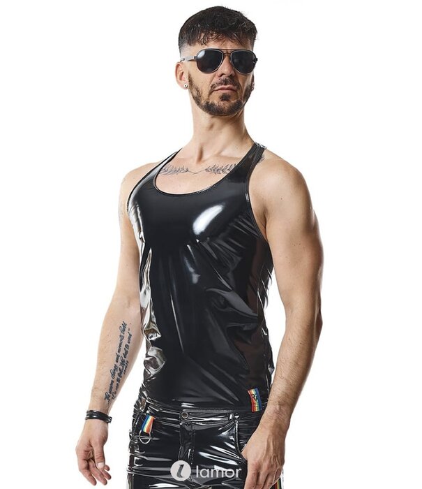* RFP Tanktop gemaakt van zwart, glanzend PVC. Decoratieve linten met LGBTQ+ regenboog het merk RFP