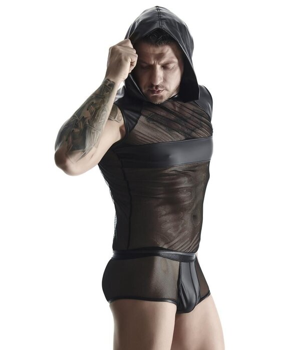 * RFP Hoodie van stretchy mesh en matt wetlook materiaal.