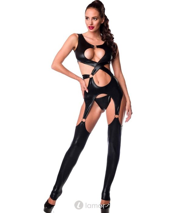 * SARESIA Sexy zwarte wetlook  verwerkte jumpsuit  met royale uitsparingen en ringen van het merk Saresia