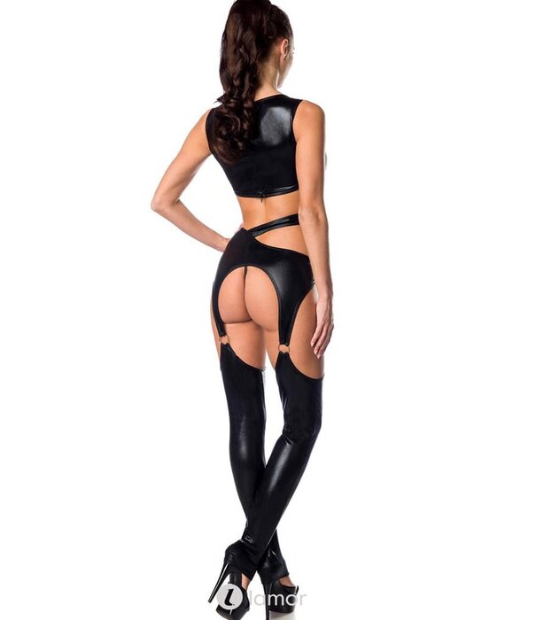* SARESIA Sexy zwarte wetlook  verwerkte jumpsuit  met royale uitsparingen en ringen van het merk Saresia