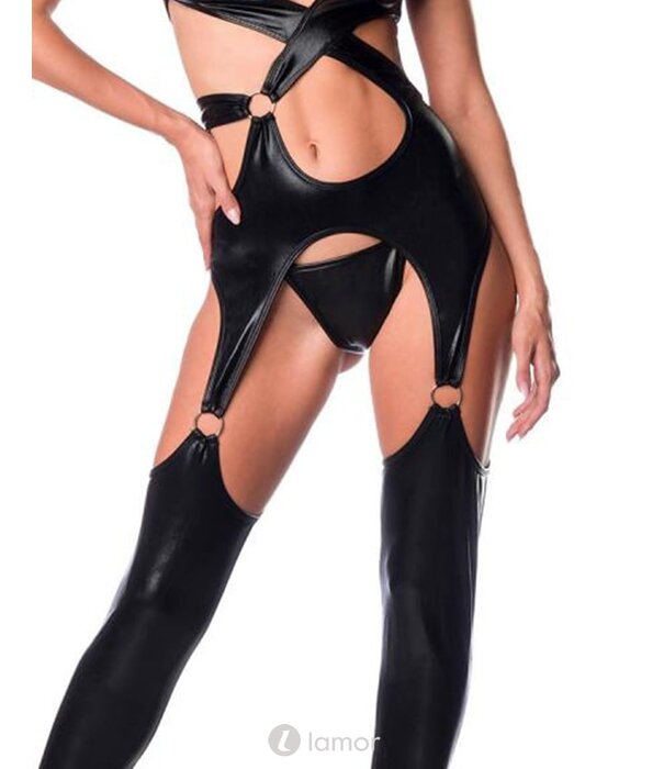 * SARESIA Sexy zwarte wetlook  verwerkte jumpsuit  met royale uitsparingen en ringen van het merk Saresia