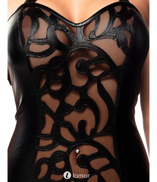 * SARESIA Sexy zwart clubwear jurkje met  opgenaaid bloemmotief  van Saresia.