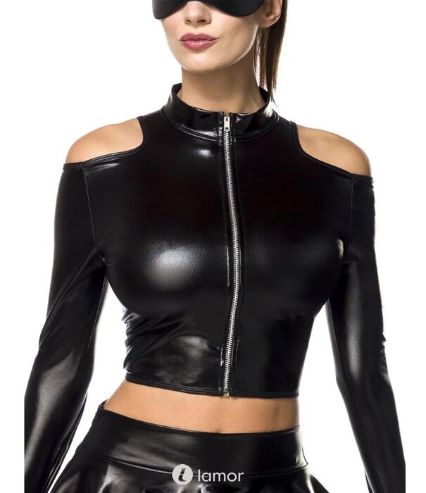 * SARESIA Glanzende Wetlook Top met Uitsparingen en Hoge Kraag