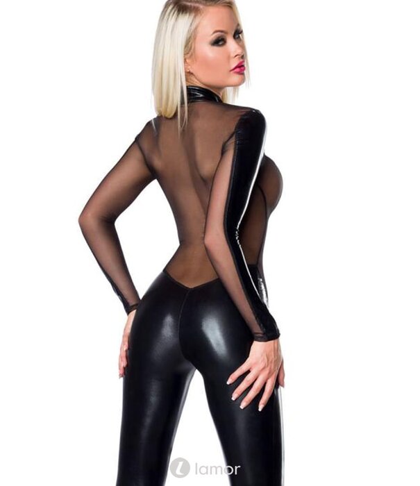 * SARESIA Sexy zwarte jumpsuit  gemaakt van een mix van wetlook en stretchy tule materiaal, met rits aan de voorkant.