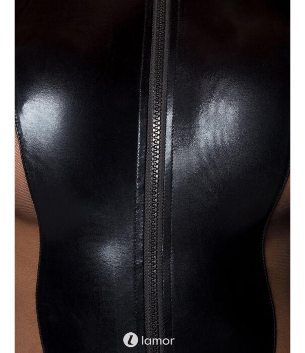 * SARESIA Sexy zwarte jumpsuit  gemaakt van een mix van wetlook en stretchy tule materiaal, met rits aan de voorkant.