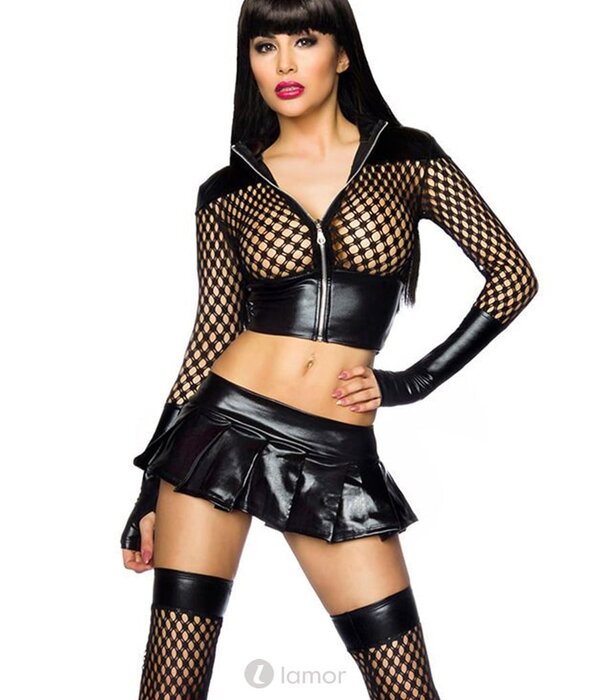 * SARESIA 3-delige set, gemaakt van stretchy wetlook materiaal en net. De jas heeft een rits aan de voorkant.