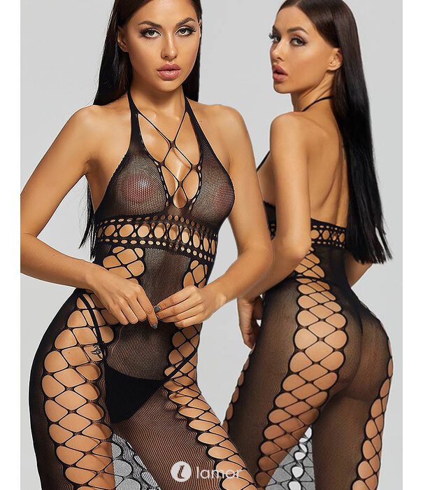 Sexy naadloze lang zwart fishnet jurkje