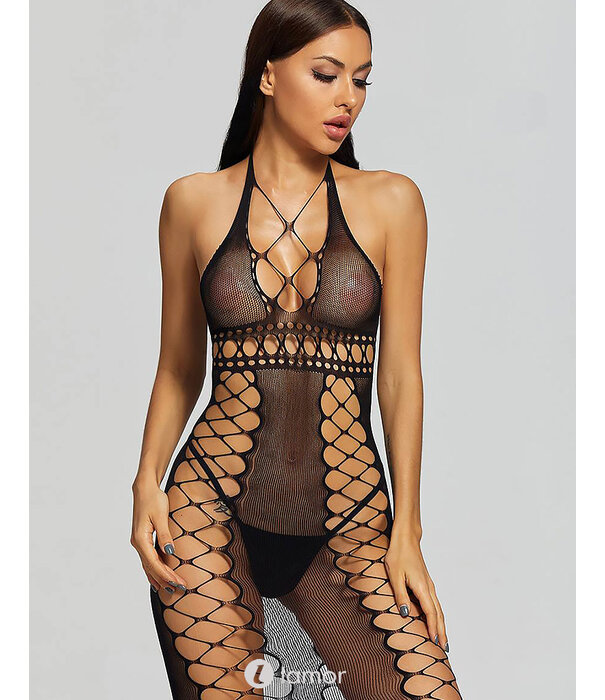 Sexy naadloze lang zwart fishnet jurkje