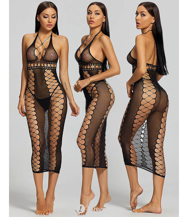 Sexy naadloze lang zwart fishnet jurkje