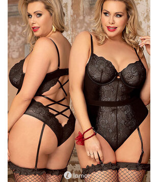 Zwarte body van kant en velours  (2XL/3XL)