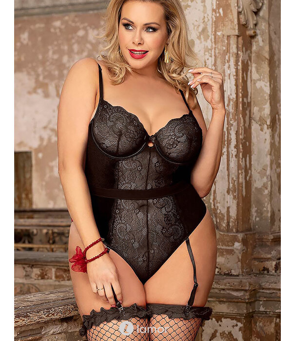 Spannende zwarte body van kant en velours