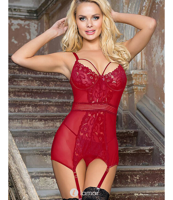 Spannende rode babydoll van delicaat kant en beugelcups