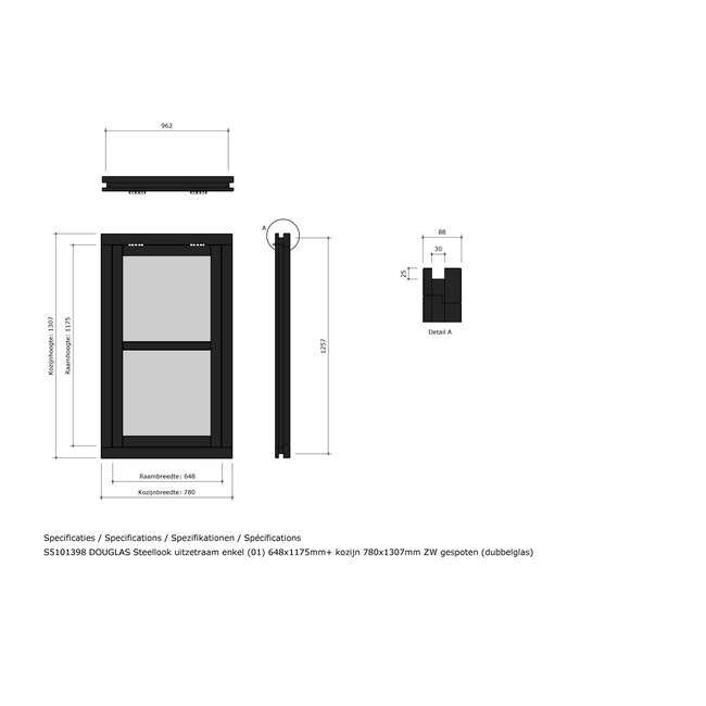 Douglas uitzetraam 2vaks steellook zwart met kozijn