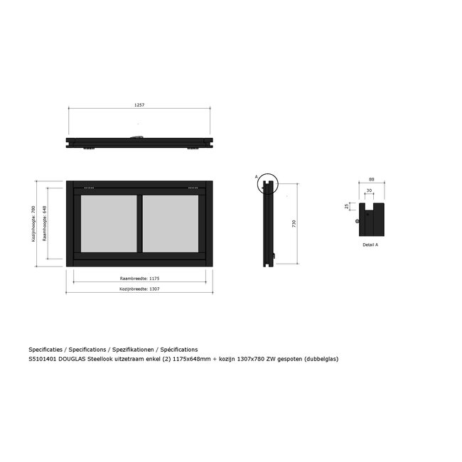 Douglas uitzetraam 2vaks steellook zwart met kozijn