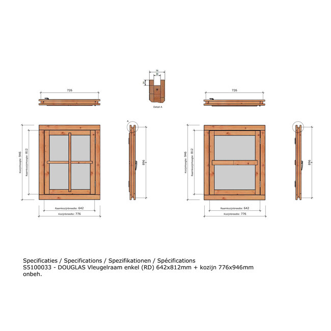 Douglas vleugelraam onbehandeld met kozijn