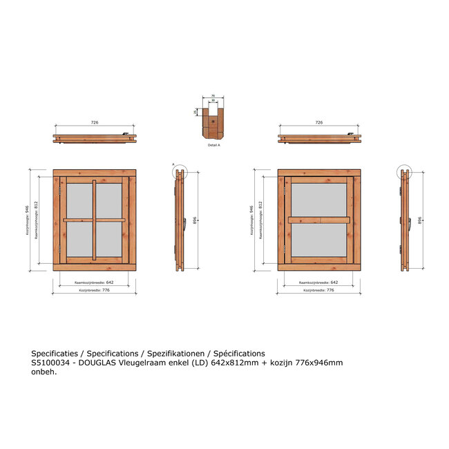 Douglas vleugelraam onbehandeld met kozijn