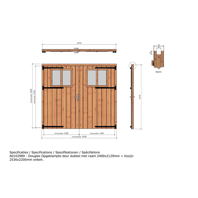 Douglas opgeklampte deur dubbel XL onbehandeld met kozijn en raam