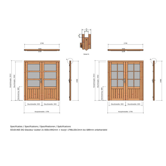 Douglas glasdeur dubbel onbehandeld met kozijn
