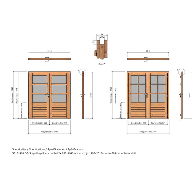 Douglas stapeldorpeldeur dubbel onbehandeld met kozijn