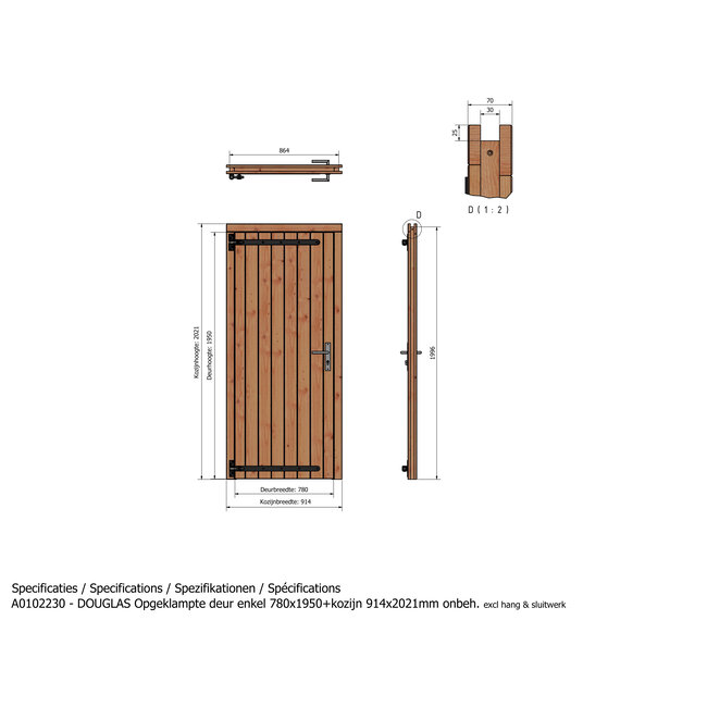 Douglas opgeklampte deur enkel onbehandeld met kozijn