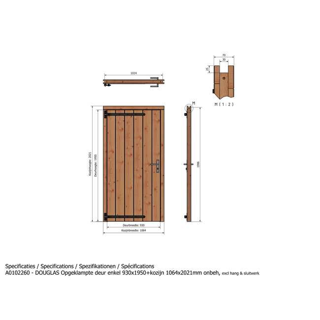 Douglas opgeklampte deur enkel onbehandeld met kozijn