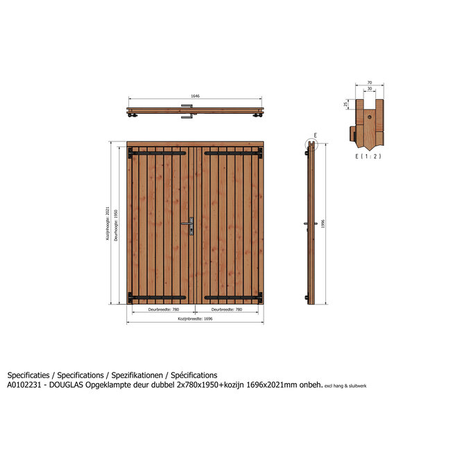 Douglas opgeklampte deur dubbel onbehandeld met kozijn