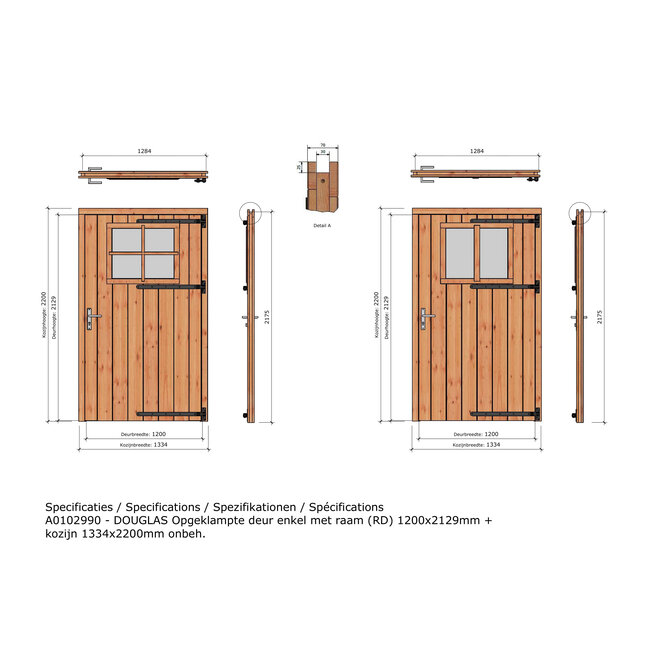 Douglas opgeklampte deur enkel XL onbehandeld met kozijn en raam