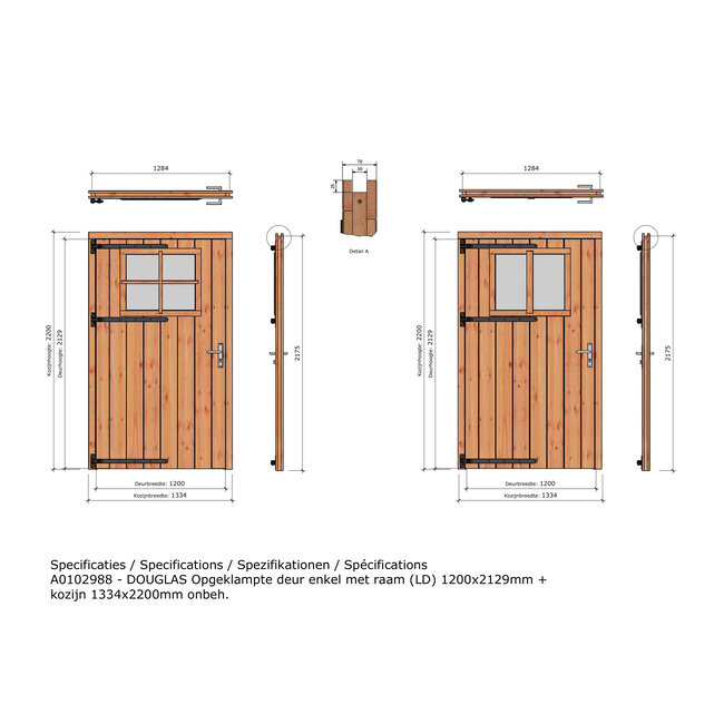 Douglas opgeklampte deur enkel XL onbehandeld met kozijn en raam
