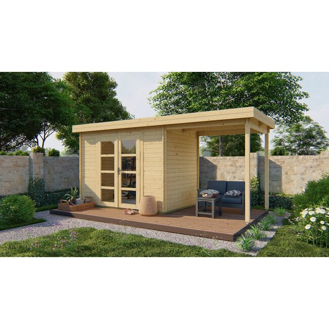 Onbehandeld - Blokhut Middelmodern | Tuinhuis met Overkapping 5x2 Meter