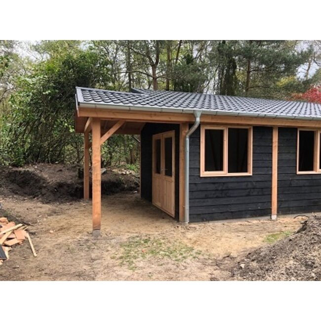 Douglas puntdak schuur met overkapping Epe