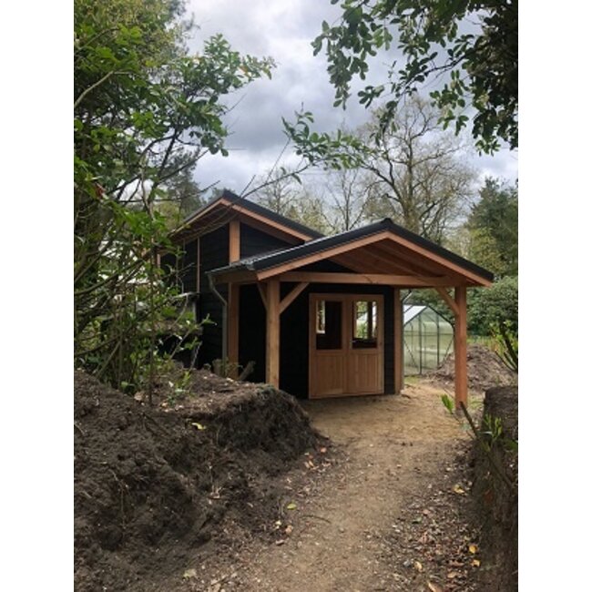 Douglas puntdak schuur met overkapping Epe