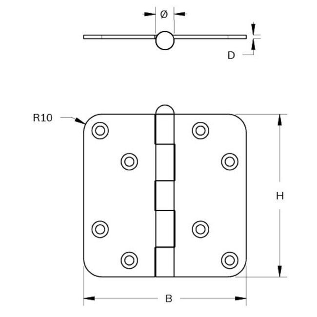 Scharnier met losse pen ronde hoeken 89x89 mm zwart gelakt