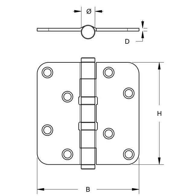 Kogellagerscharnier ronde hoeken 89x89 mm RVS geborsteld zwart