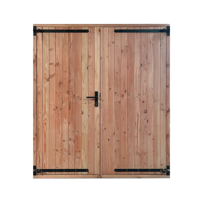 Dichte Dubbele deur met douglas kozijn en Zwart Hang -en Sluitwerk | Schuurdeur met kozijn