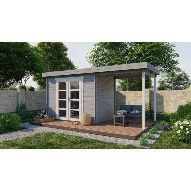 Grijs Geïmpregneerd - Blokhut Middelmodern | Tuinhuis met Overkapping 5x2 Meter