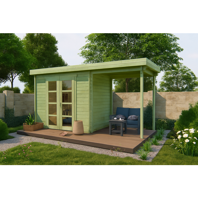 Groen Geïmpregneerd- Blokhut Middelmodern | Tuinhuis met Overkapping 5x2 Meter