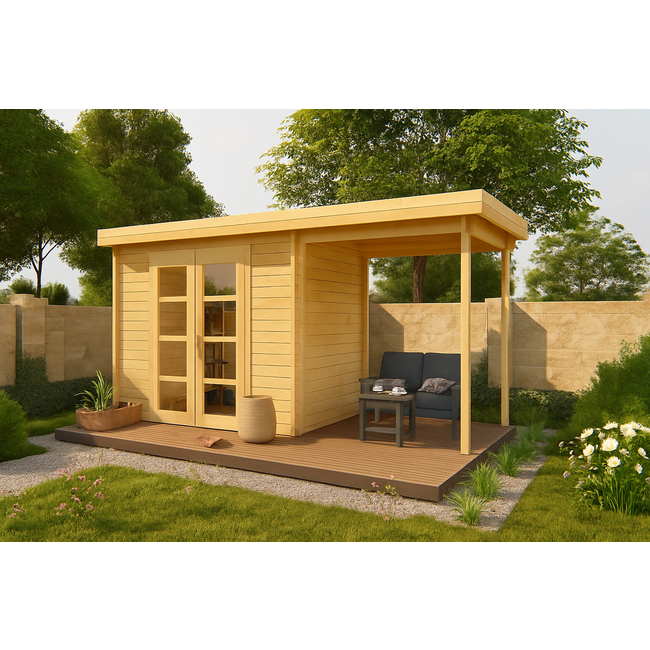Honing geel Geïmpregneerd- Blokhut Middelmodern | Tuinhuis met Overkapping 5x2 Meter