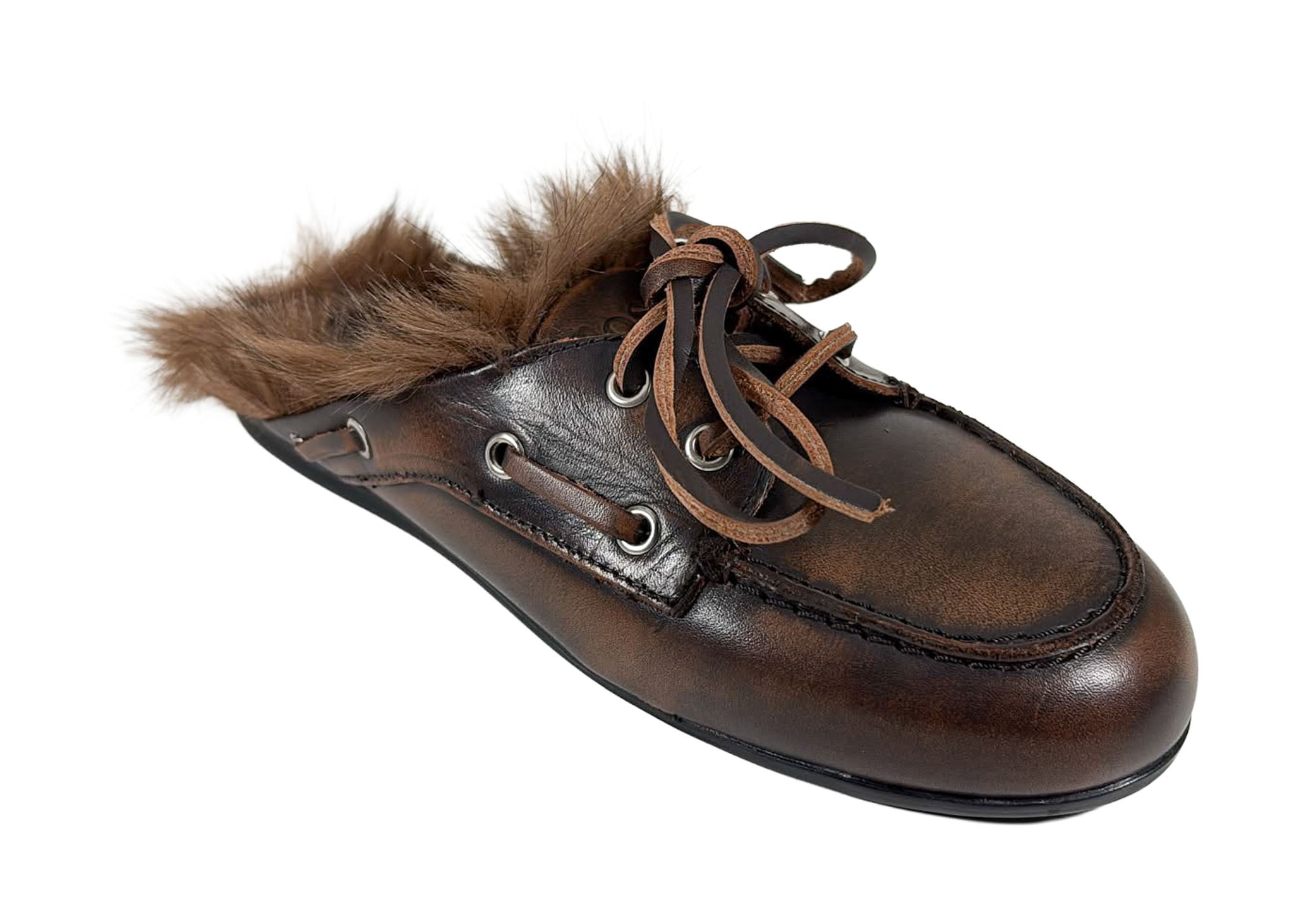 Posa Posa Muiltje Boat Loafer Mule Hairy Fur Coffee