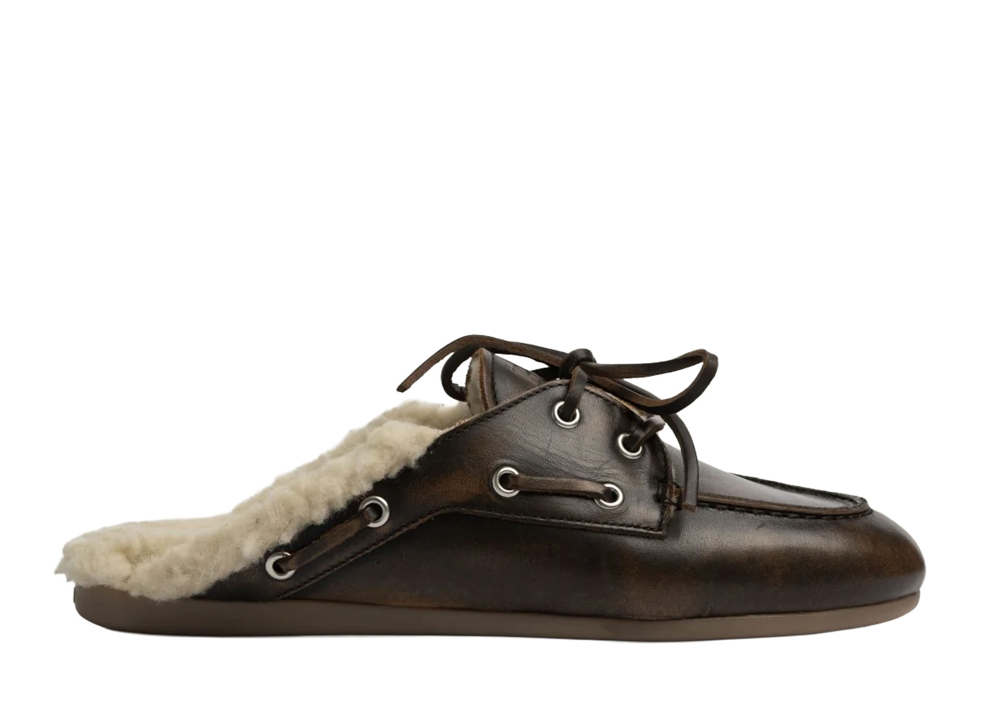 Posa Boat Loafer Mule Fur - Brushed Leather Coffee