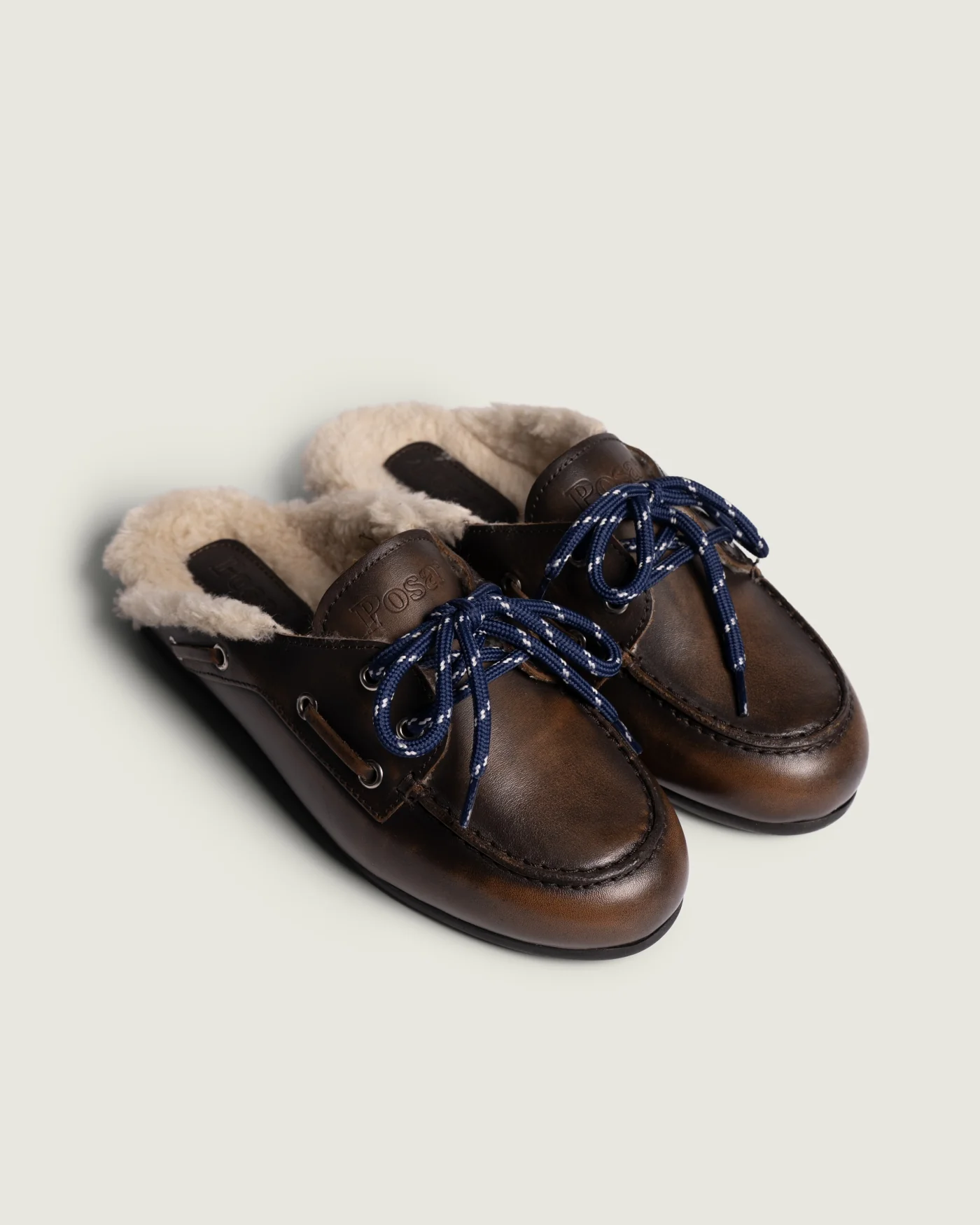 Posa Boat Loafer Mule Fur - Brushed Leather Coffee