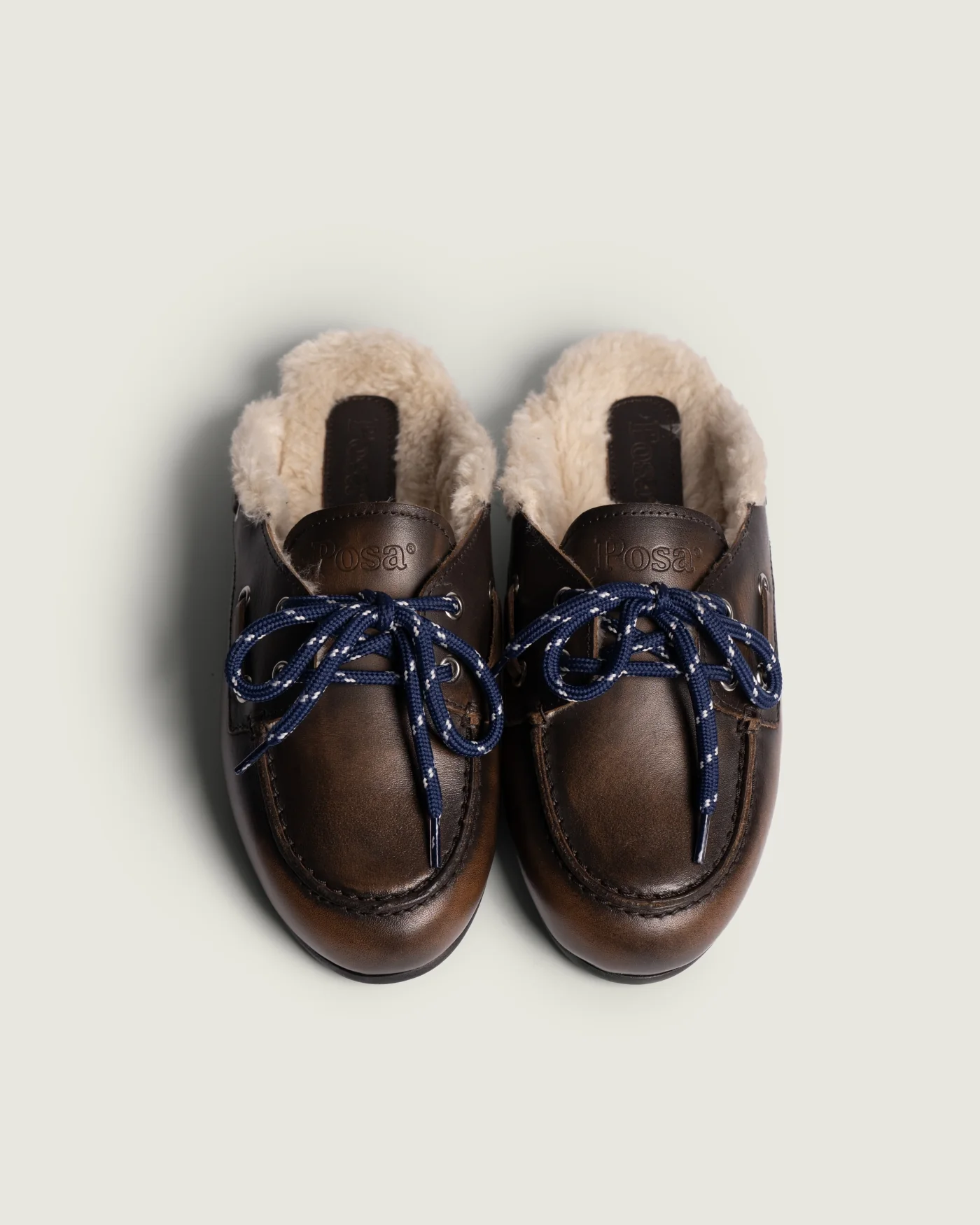 Posa Boat Loafer Mule Fur - Brushed Leather Coffee