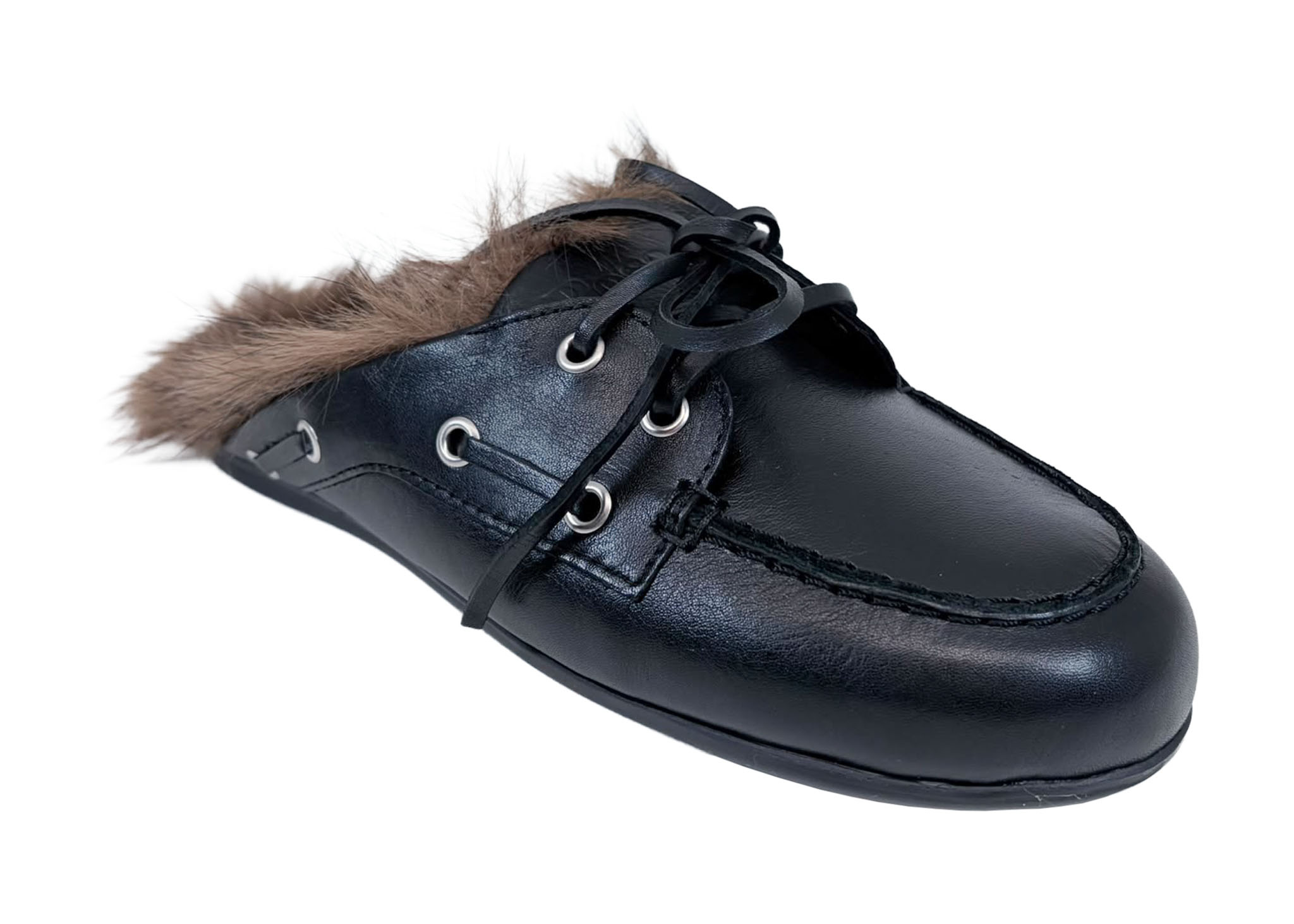 Posa Posa Muiltje Boat Loafer Mule Hairy Fur Zwart