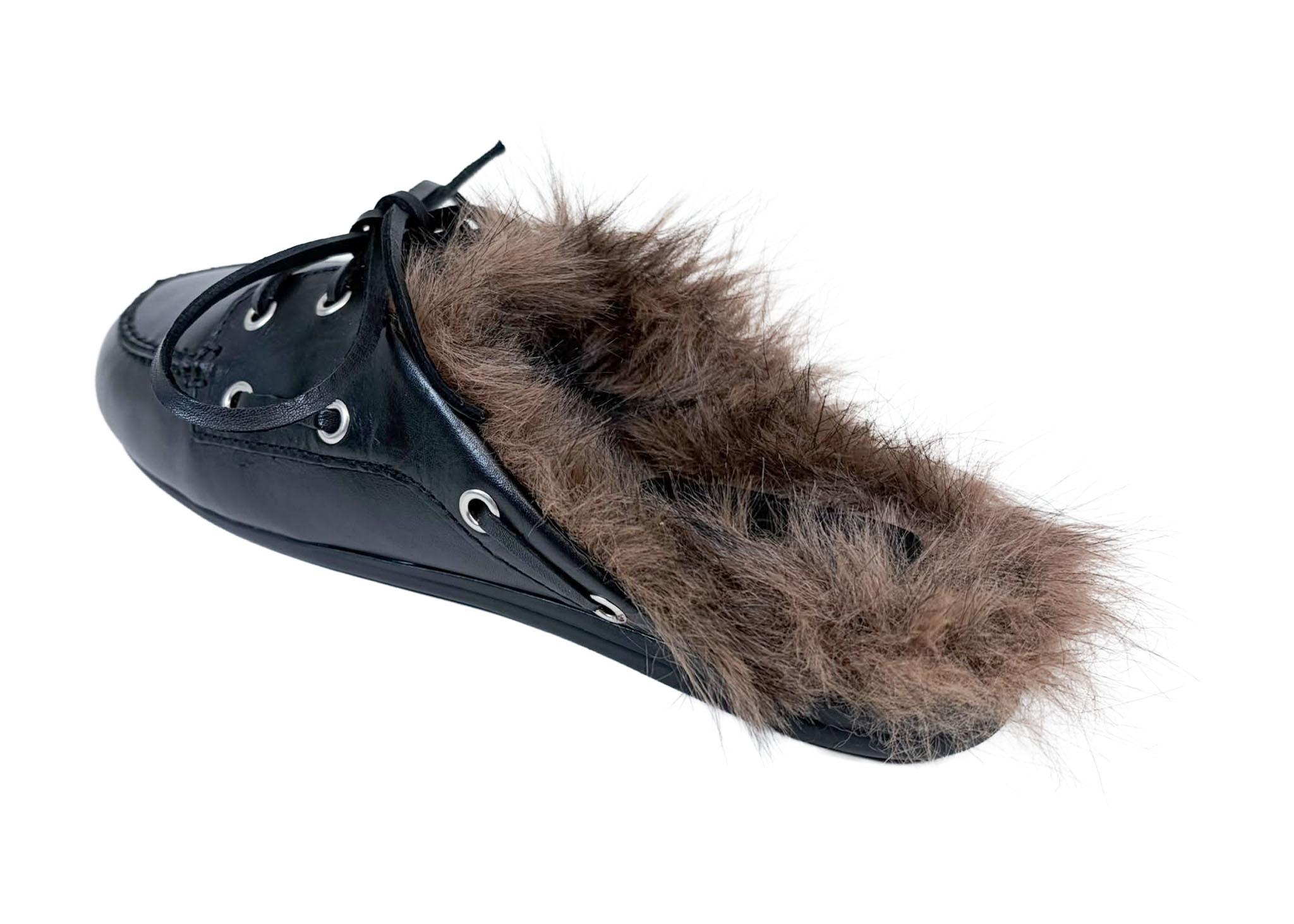 Posa Posa Muiltje Boat Loafer Mule Hairy Fur Zwart