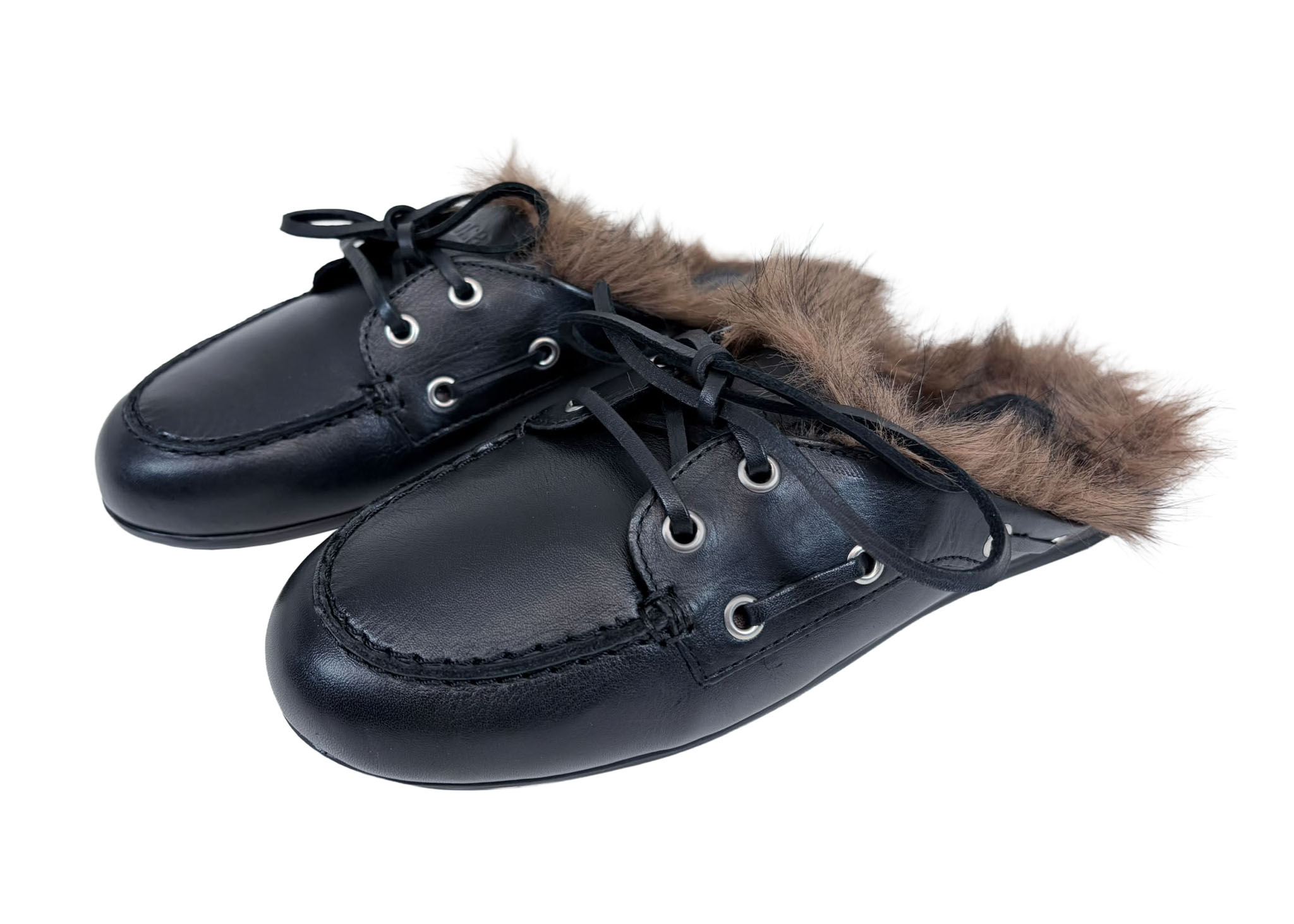 Posa Posa Muiltje Boat Loafer Mule Hairy Fur Zwart