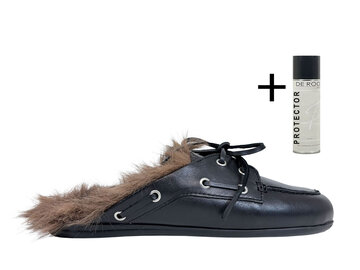 Posa Posa Muiltje Boat Loafer Mule Hairy Fur Zwart