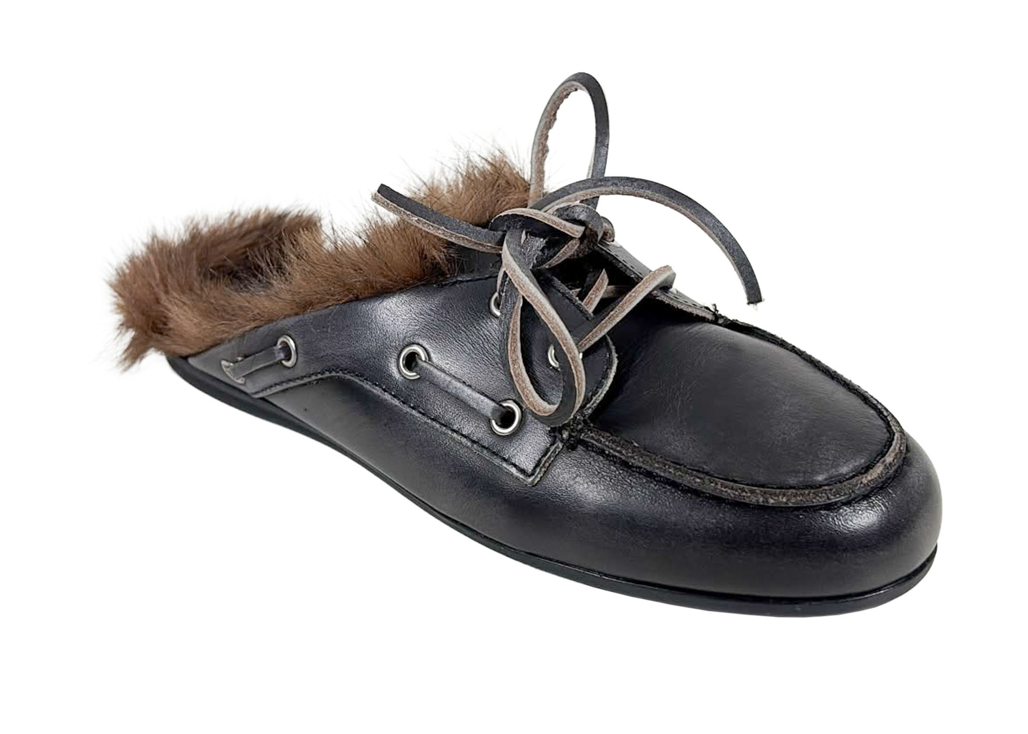 Posa Posa Muiltje Boat Loafer Mule Hairy Fur Zwart Grijs