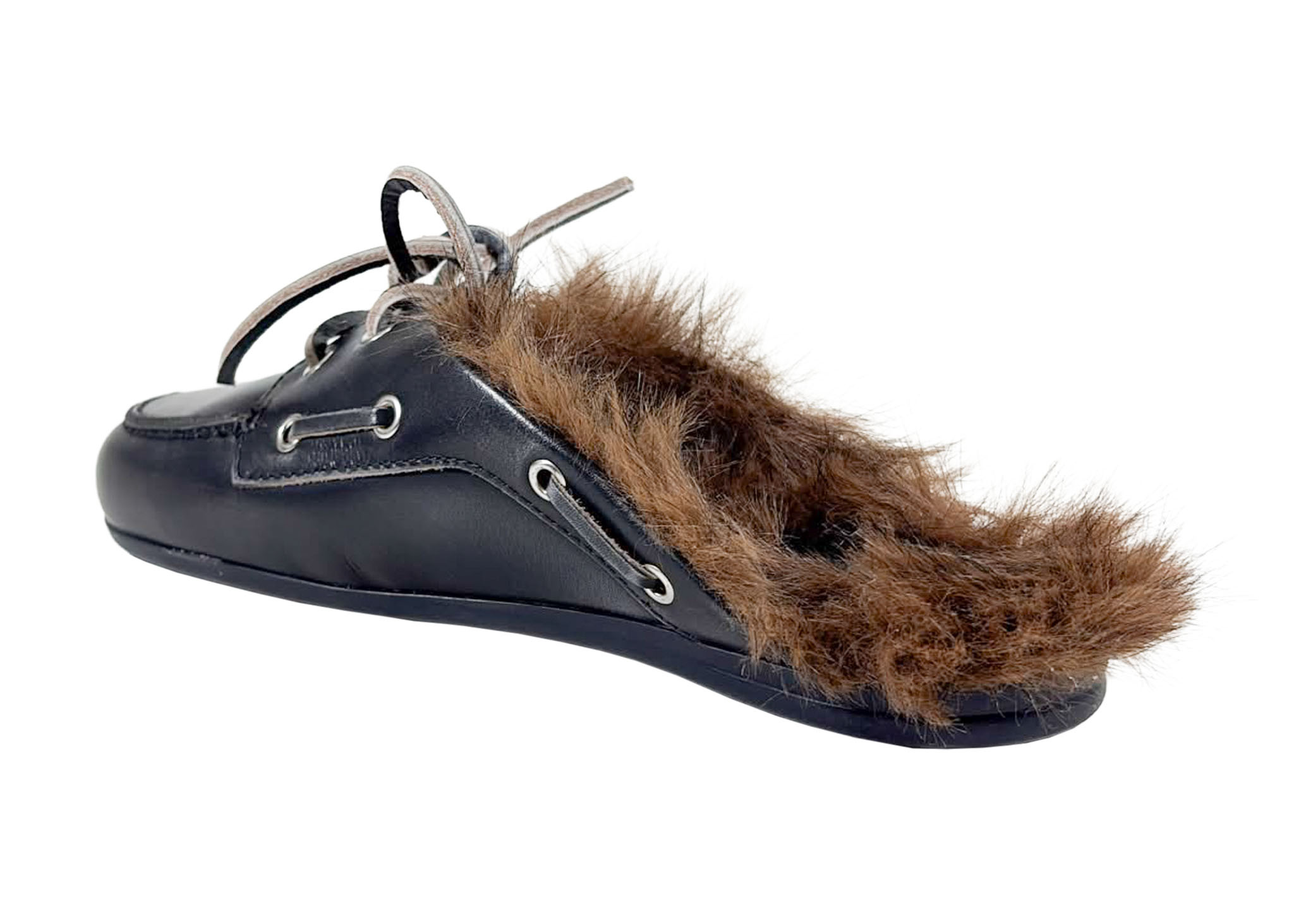 Posa Posa Muiltje Boat Loafer Mule Hairy Fur Zwart Grijs