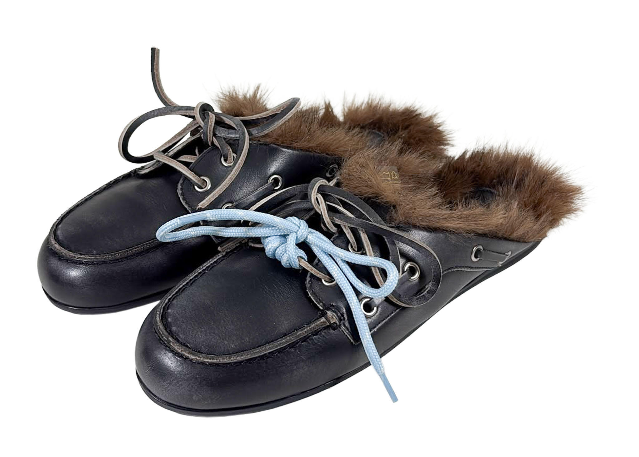 Posa Posa Muiltje Boat Loafer Mule Hairy Fur Zwart Grijs