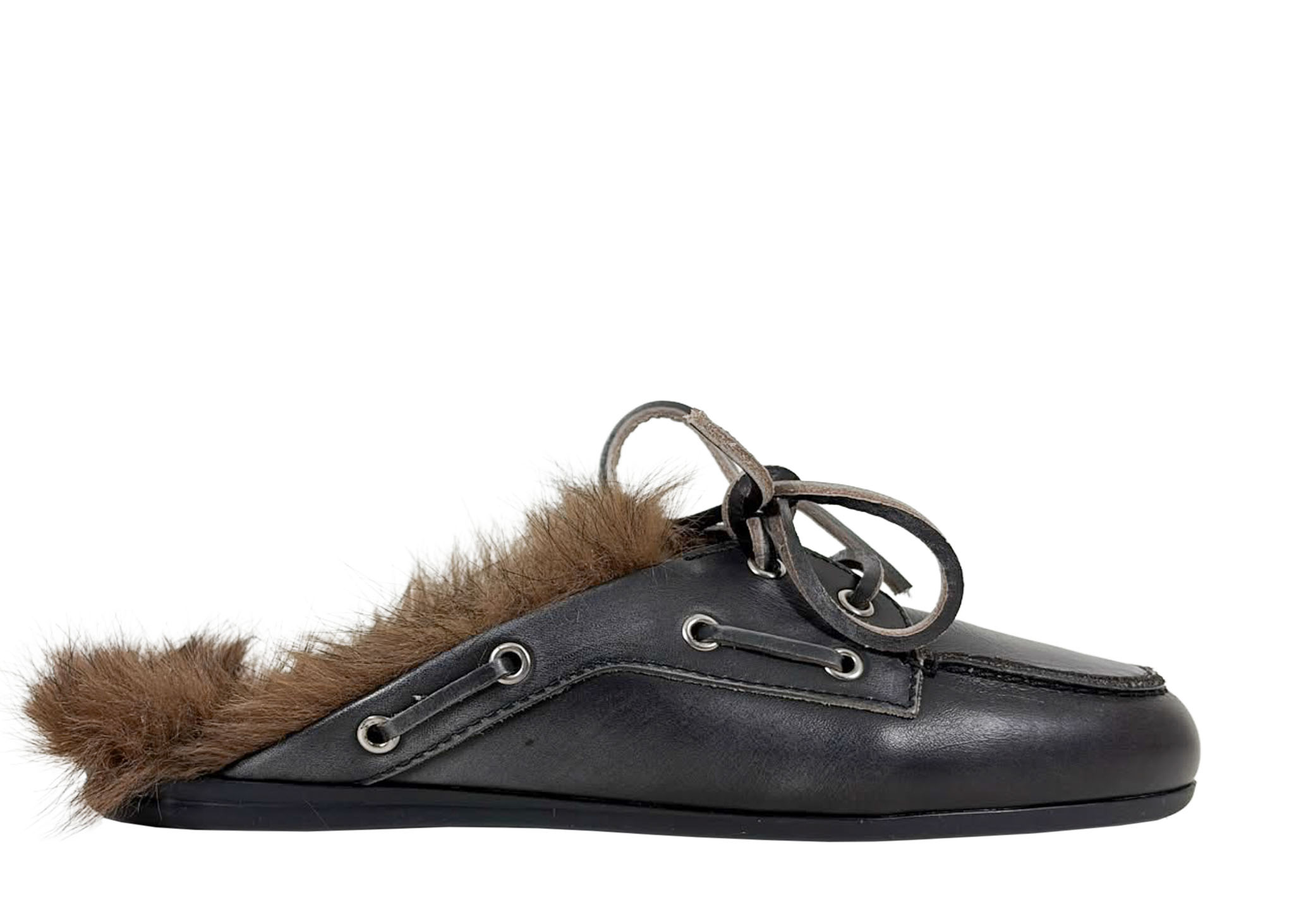 Posa Posa Muiltje Boat Loafer Mule Hairy Fur Zwart Grijs